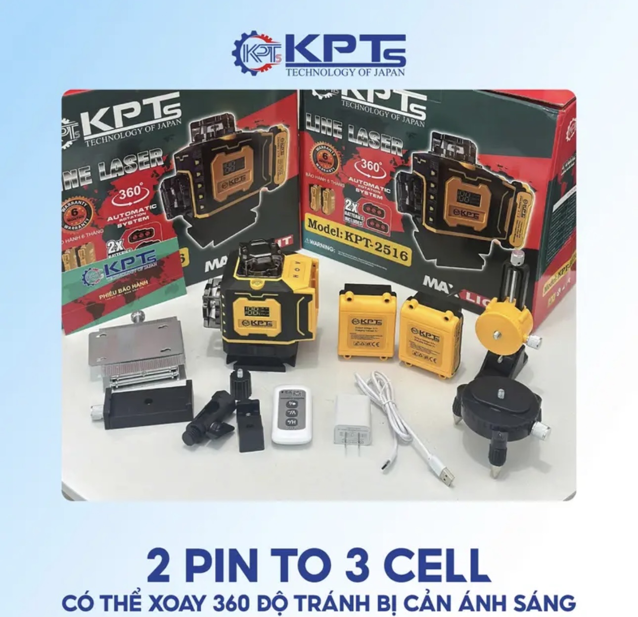Máy Cân Mực Laser 16 Tia Xanh KPTs KPT-2516 8 Tia Đứng 8 Tia Ngang 2 Pin 3 Cell Đèn Hiển Thị Pin
