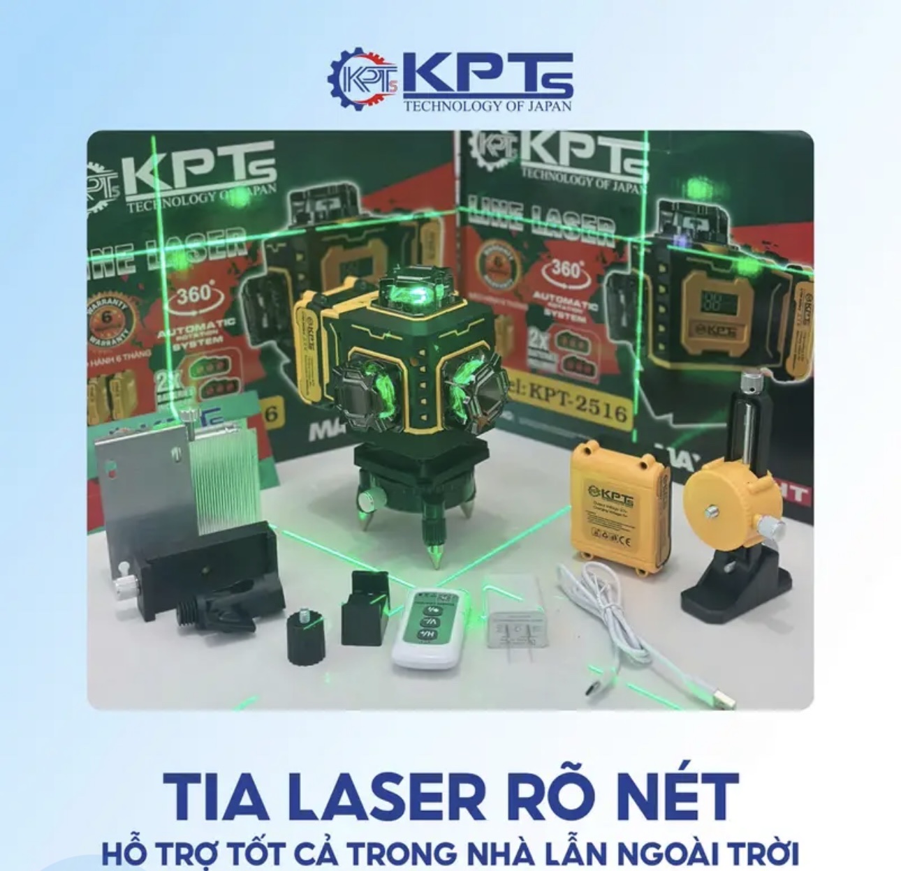 Máy Cân Mực Laser 16 Tia Xanh KPTs KPT-2516 8 Tia Đứng 8 Tia Ngang 2 Pin 3 Cell Đèn Hiển Thị Pin