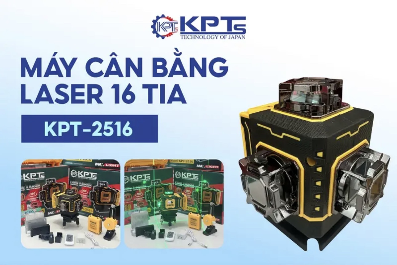 Máy Cân Mực Laser 16 Tia Xanh KPTs KPT-2516 8 Tia Đứng 8 Tia Ngang 2 Pin 3 Cell Đèn Hiển Thị Pin