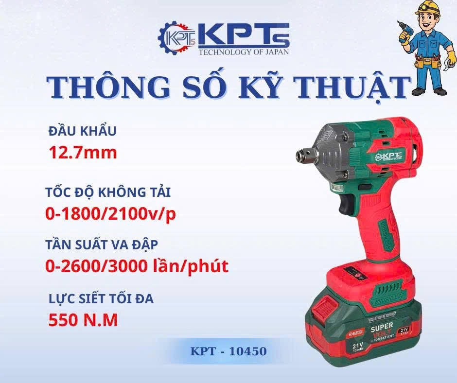 Máy Siết Bulong Pin 21V KPTs KPT-10450 Không Chổi Than 550Nm Chân Pin Phổ Thông Kèm 2 Pin 4.0AH Đầu Khẩu 2 Trong 1