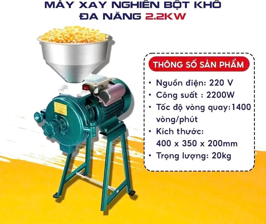 MÁY XAY NGHIỀN BỘT KHÔ ĐẦU NGHIỀN GANG MOTO 2.2KW LÕI HỢP KIM XAY CÁC LOẠI HẠT SIÊU NHANH
