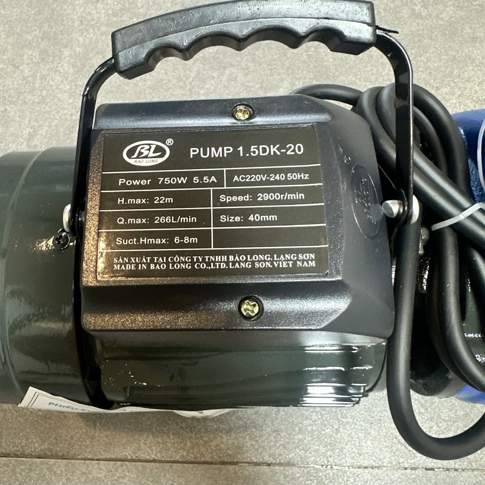 MÁY BƠM NƯỚC LY TÂM BẢO LONG 750W CÁ SẤU 1.5DK-20 HÚT XẢ 40/40 LƯU LƯỢNG 266L/MIN MAX 22M CÁNH PPO CỐT HỢP KIM BƠM TƯỚI TIÊU DÂN DỤNG