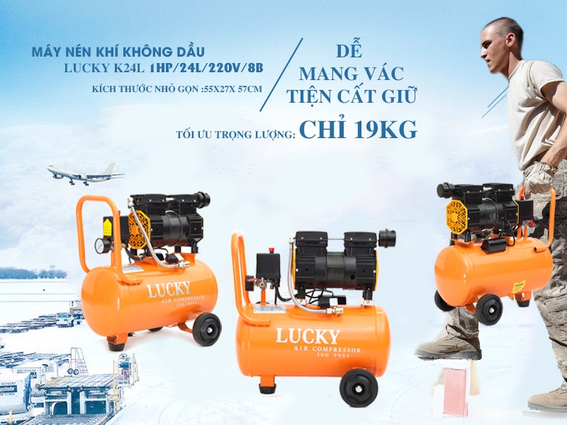 Máy Nén Khí Lucky K24L Không Dầu 24L Siêu Êm Máy Bơm Hơi Khí Nén Sạch 8Kg