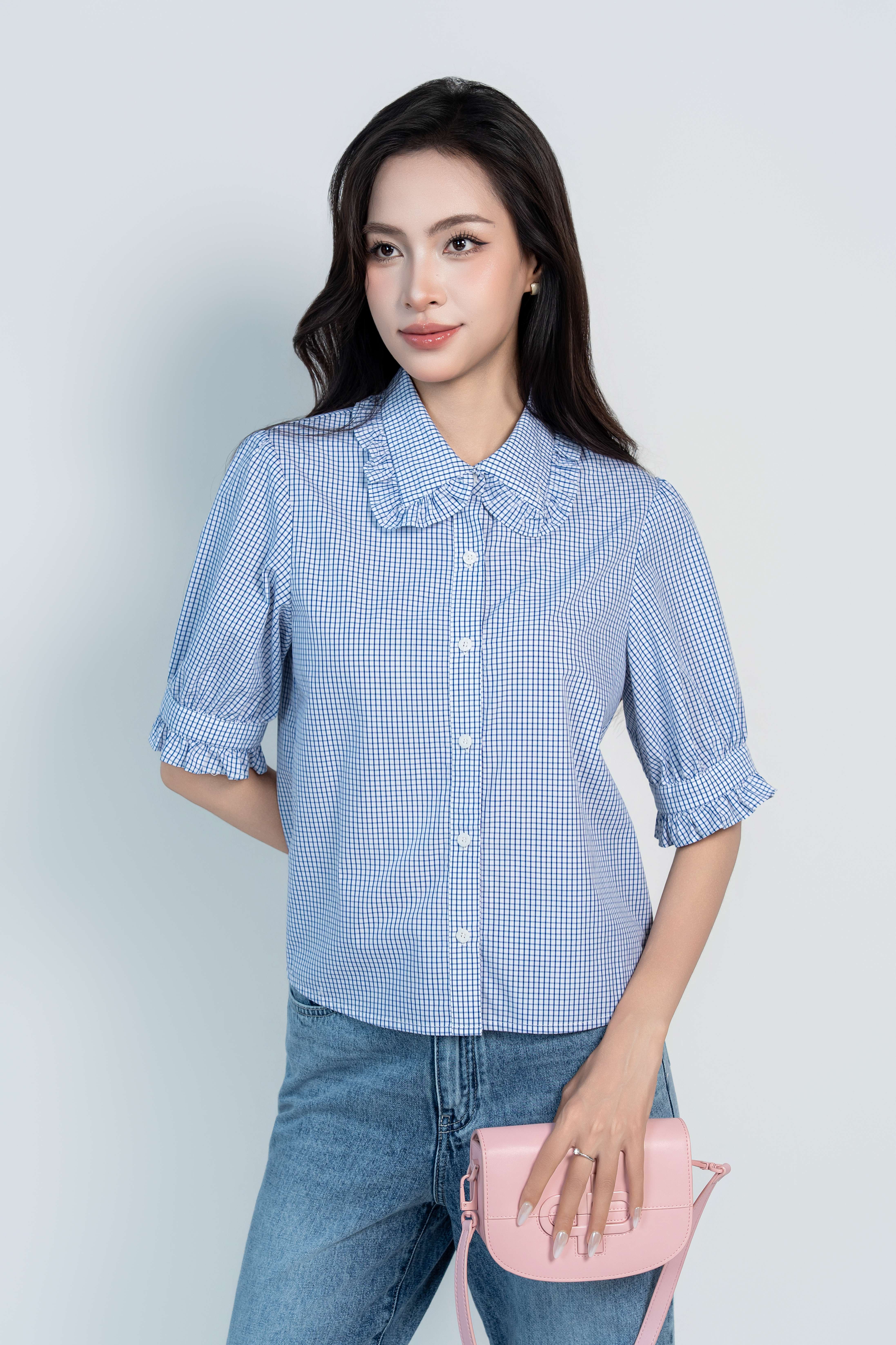 MIRA SHIRT- Áo Sơ Mi Kẻ Cổ Nhún Bèo Chất Liệu Cotton Phong Cách Thanh Lịch, Basic (Y05BLS02)