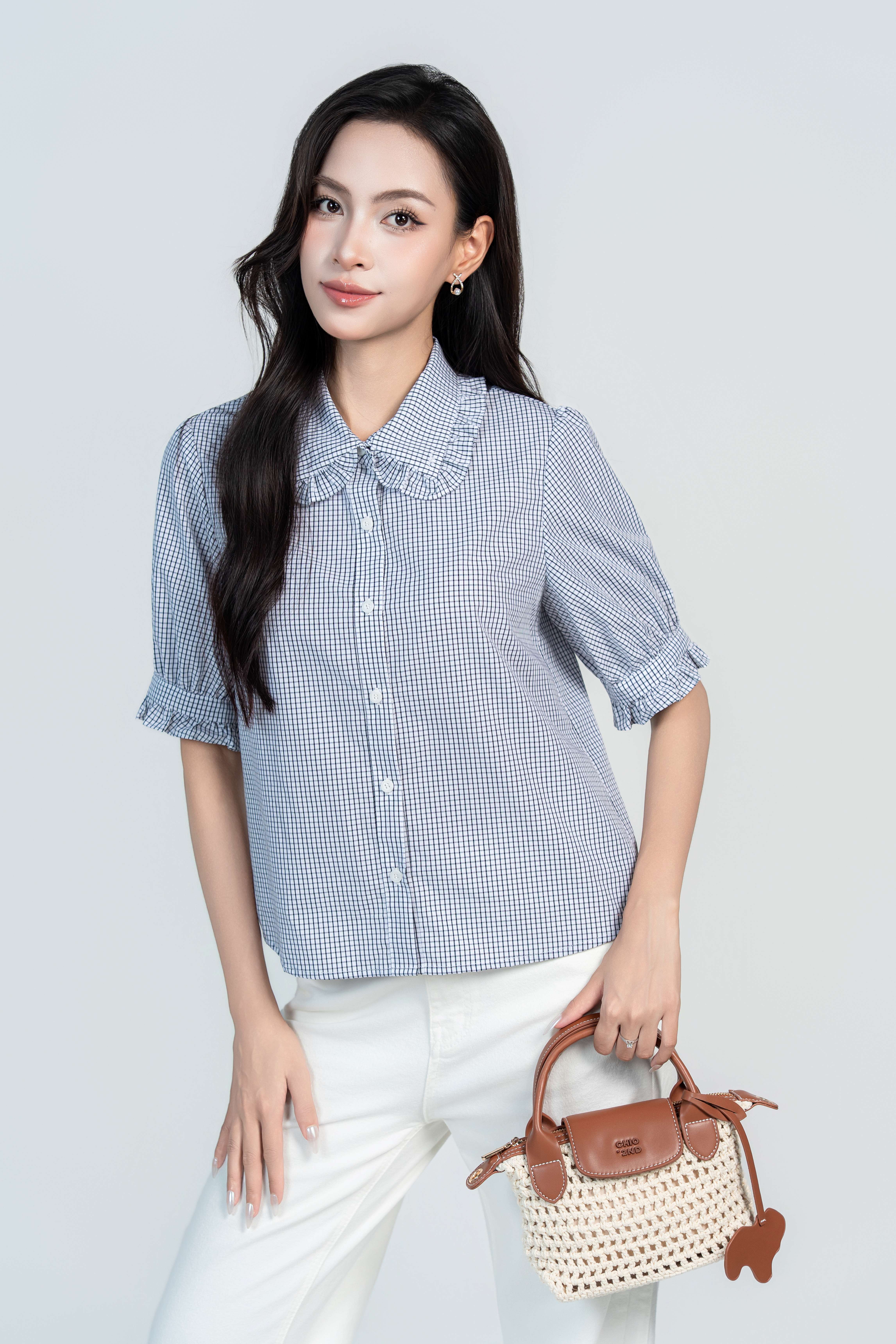 MIRA SHIRT- Áo Sơ Mi Kẻ Cổ Nhún Bèo Chất Liệu Cotton Phong Cách Thanh Lịch, Basic (Y05BLS02)