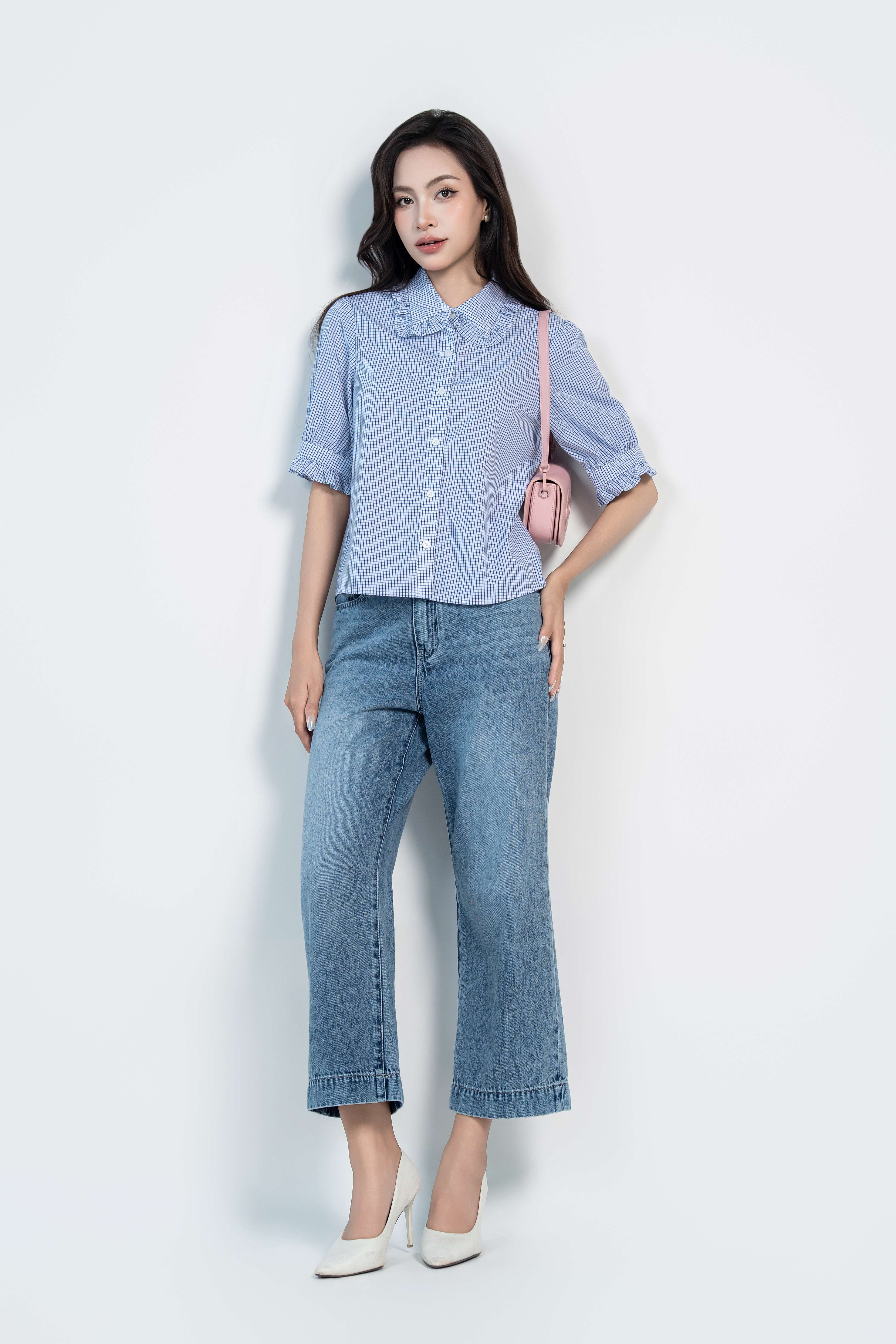 MIRA SHIRT- Áo Sơ Mi Kẻ Cổ Nhún Bèo Chất Liệu Cotton Phong Cách Thanh Lịch, Basic (Y05BLS02)