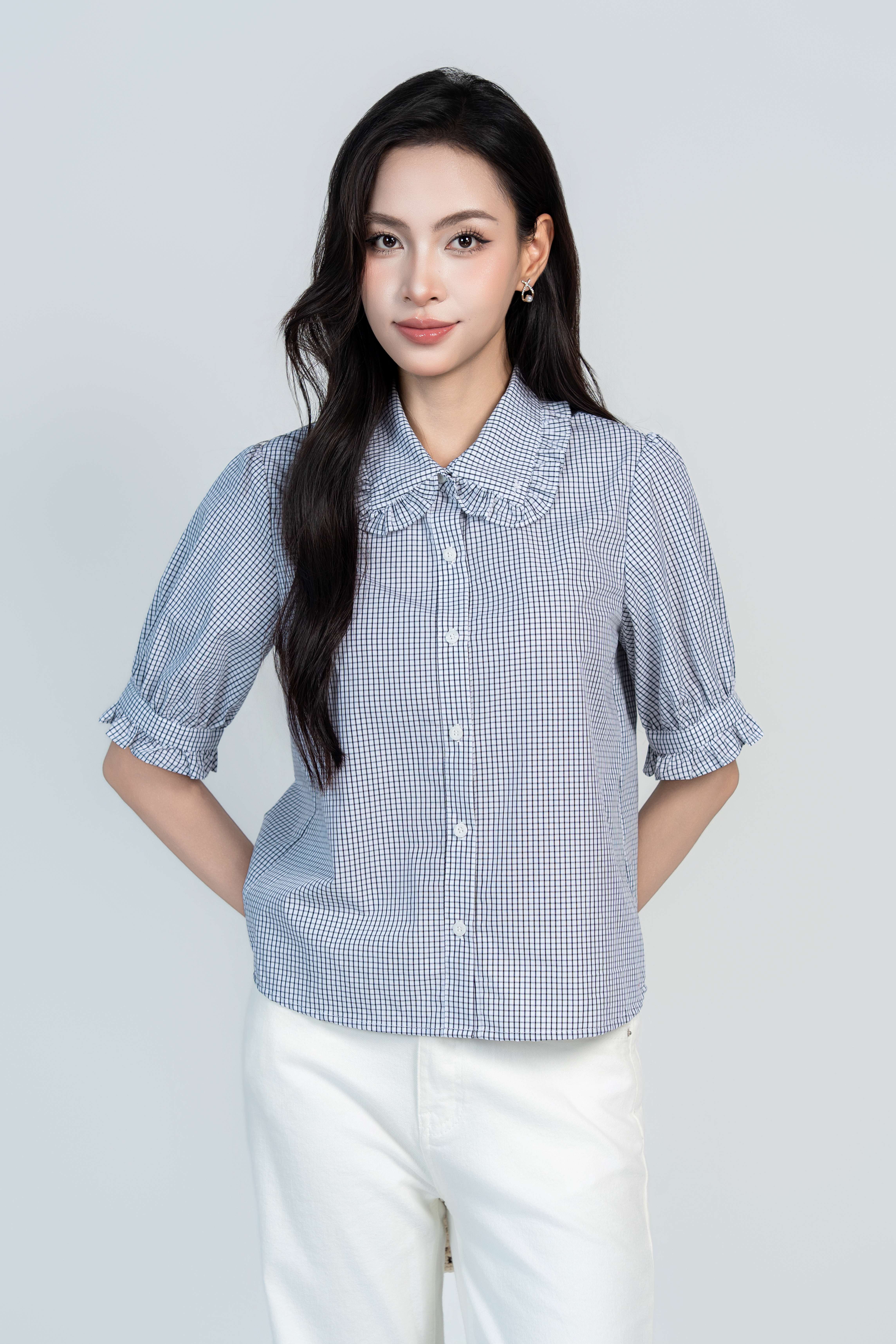MIRA SHIRT- Áo Sơ Mi Kẻ Cổ Nhún Bèo Chất Liệu Cotton Phong Cách Thanh Lịch, Basic (Y05BLS02)