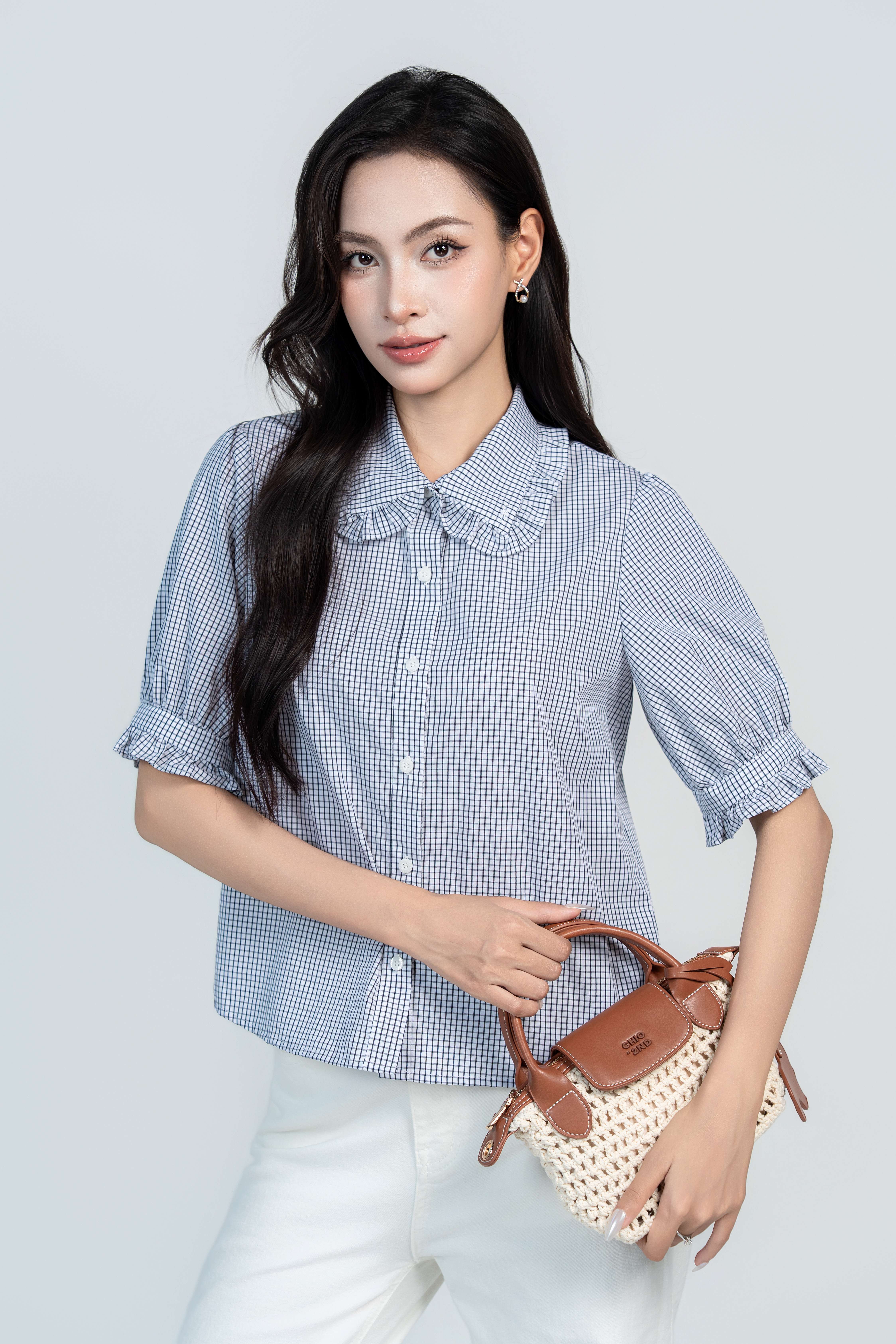 MIRA SHIRT- Áo Sơ Mi Kẻ Cổ Nhún Bèo Chất Liệu Cotton Phong Cách Thanh Lịch, Basic (Y05BLS02)