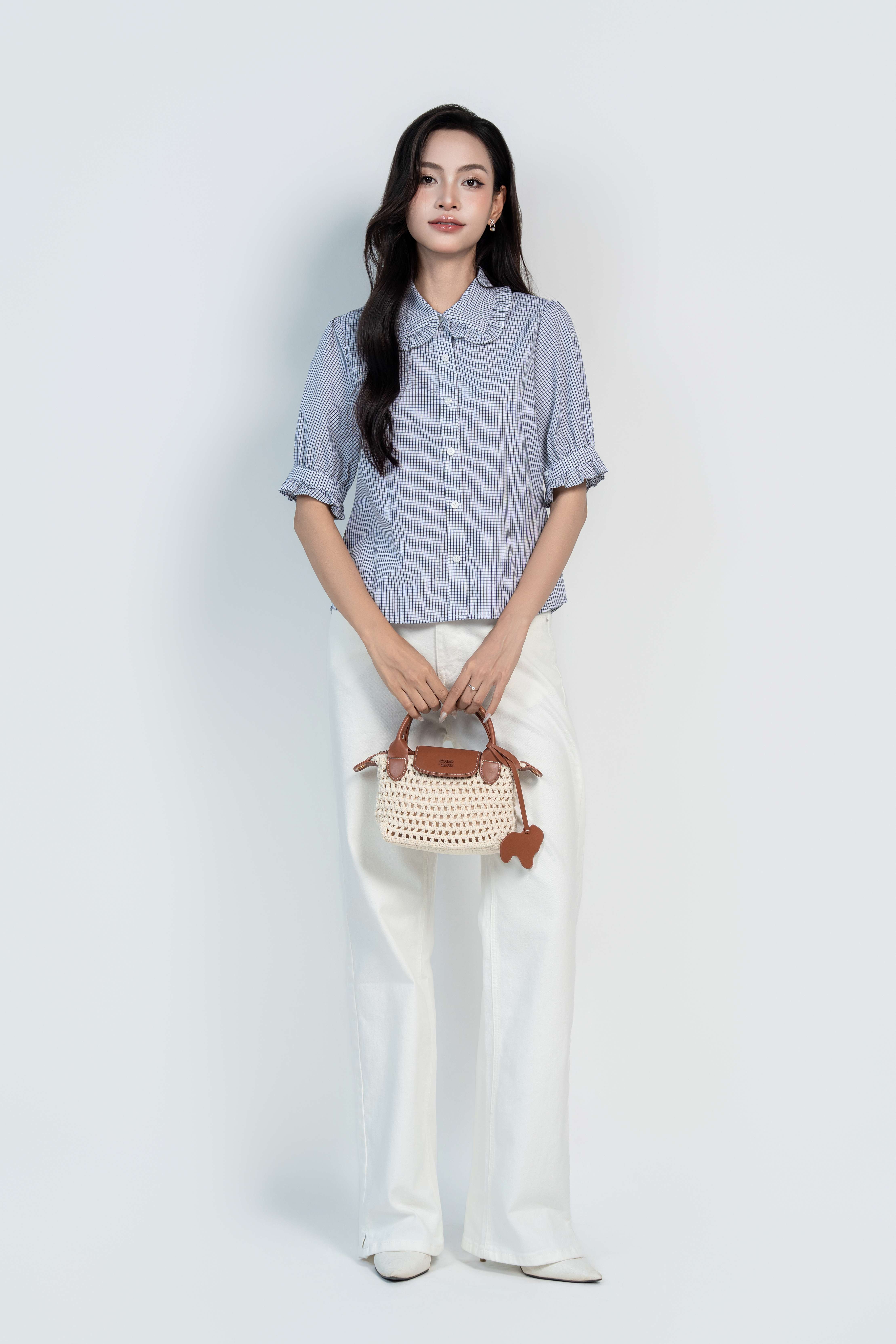 MIRA SHIRT- Áo Sơ Mi Kẻ Cổ Nhún Bèo Chất Liệu Cotton Phong Cách Thanh Lịch, Basic (Y05BLS02)