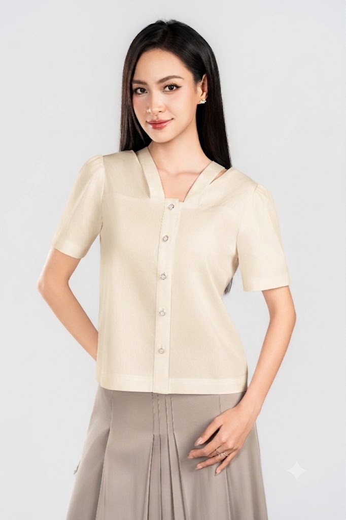 CLARA SHIRT- Áo Sơ Mi Dây Cổ YMY Chất Liệu Cotton/ Spandex Phong Cách Hiện Đại, Thanh Lịch (Y06BLS05)