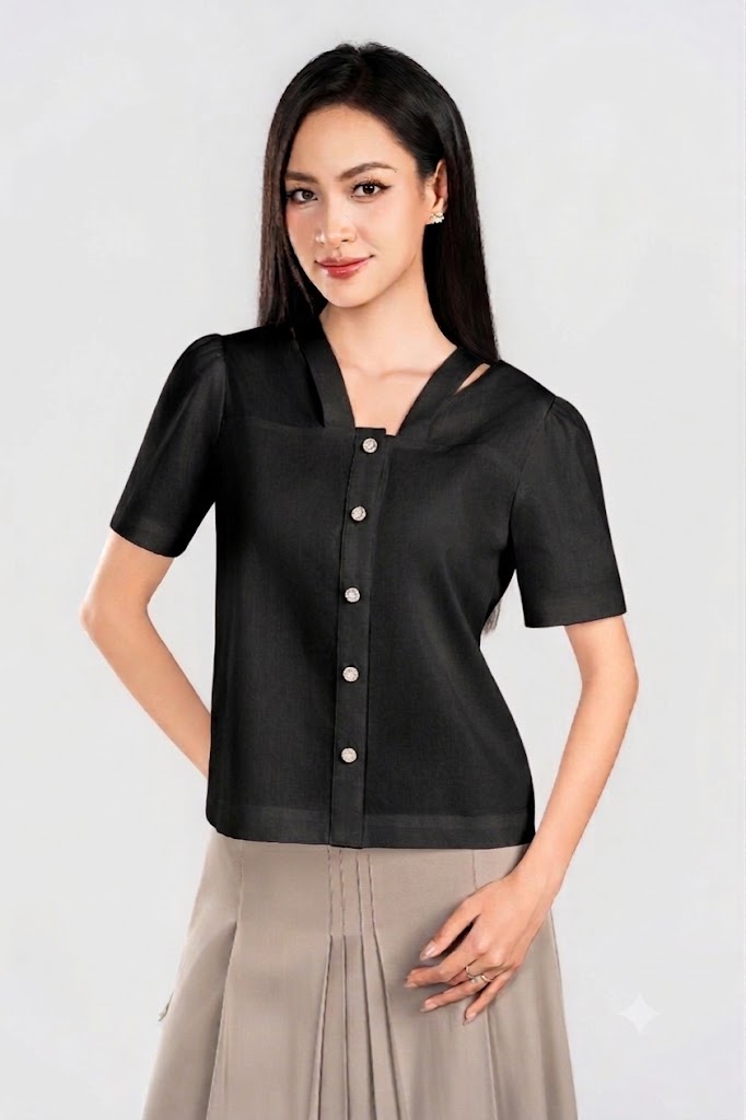 CLARA SHIRT- Áo Sơ Mi Dây Cổ YMY Chất Liệu Cotton/ Spandex Phong Cách Hiện Đại, Thanh Lịch (Y06BLS05)