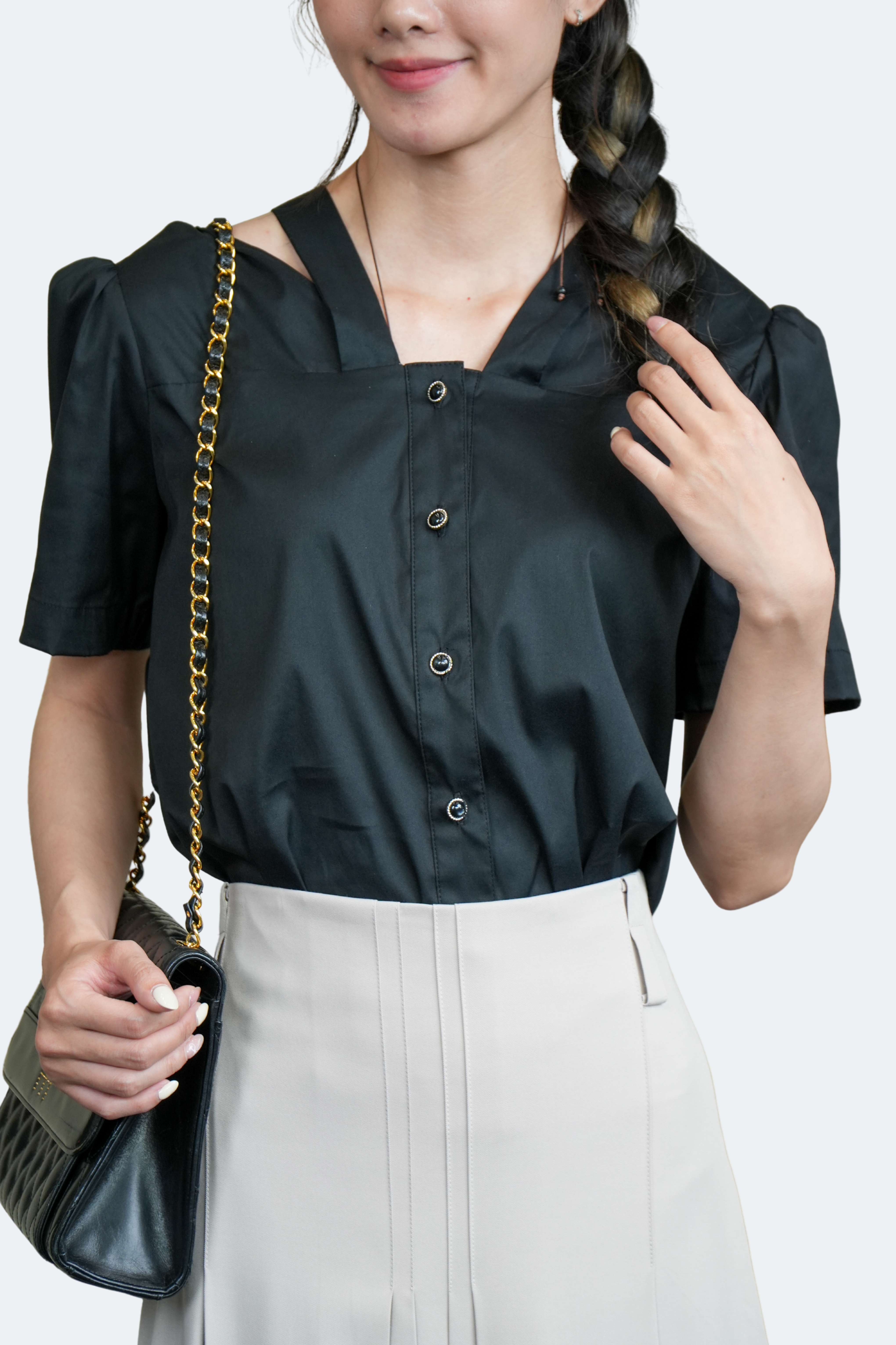 CLARA SHIRT- Áo Sơ Mi Dây Cổ YMY Chất Liệu Cotton/ Spandex Phong Cách Hiện Đại, Thanh Lịch (Y06BLS05)