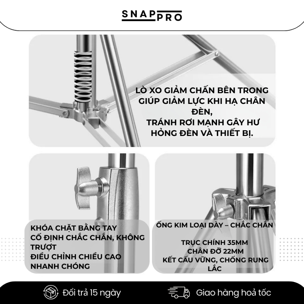 Chân Đèn Studio Inox 2.8m – Chân Đèn Flash / Softbox Tải Trọng 10kg, Chân Đèn Livestream
