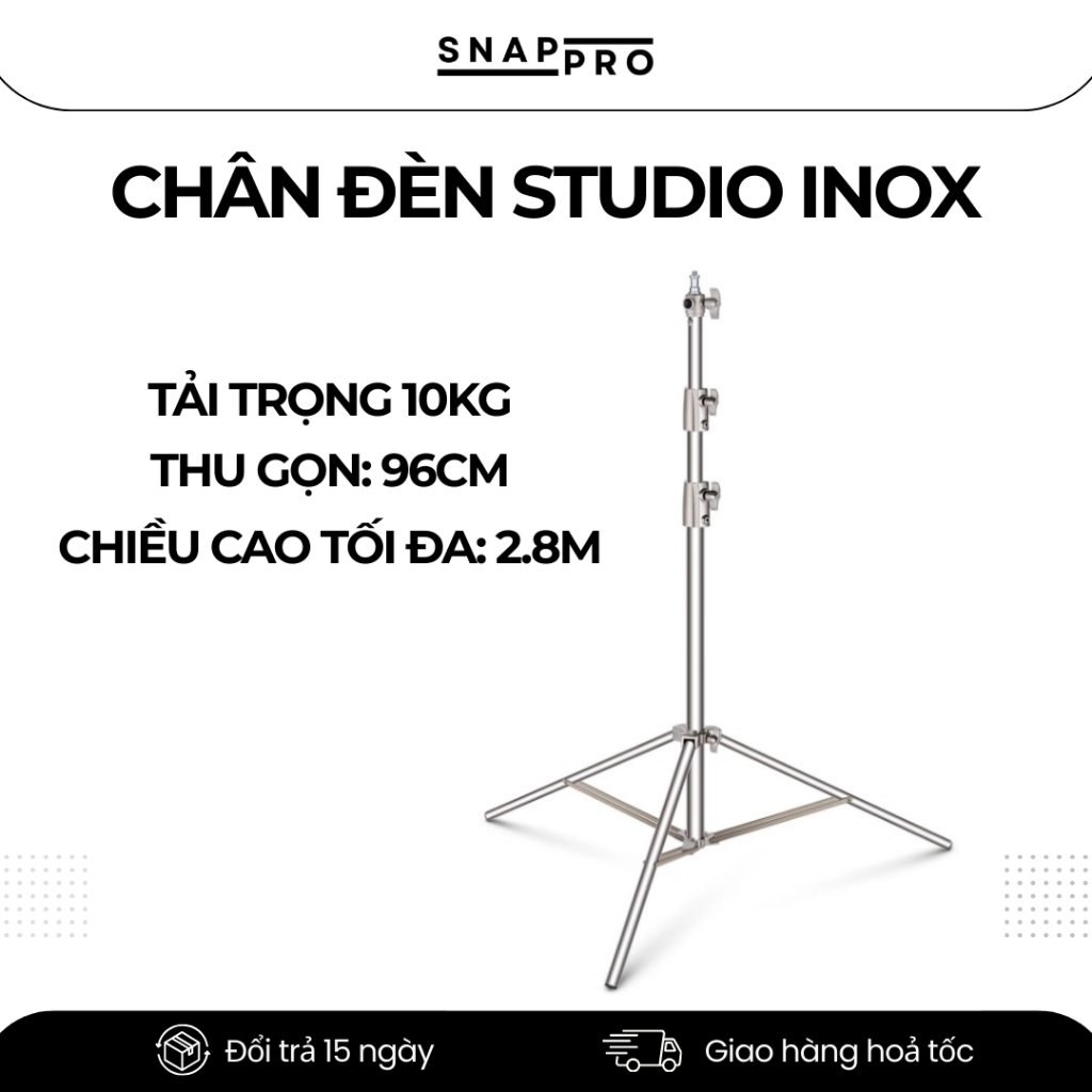 Chân Đèn Studio Inox 2.8m – Chân Đèn Flash / Softbox Tải Trọng 10kg, Chân Đèn Livestream
