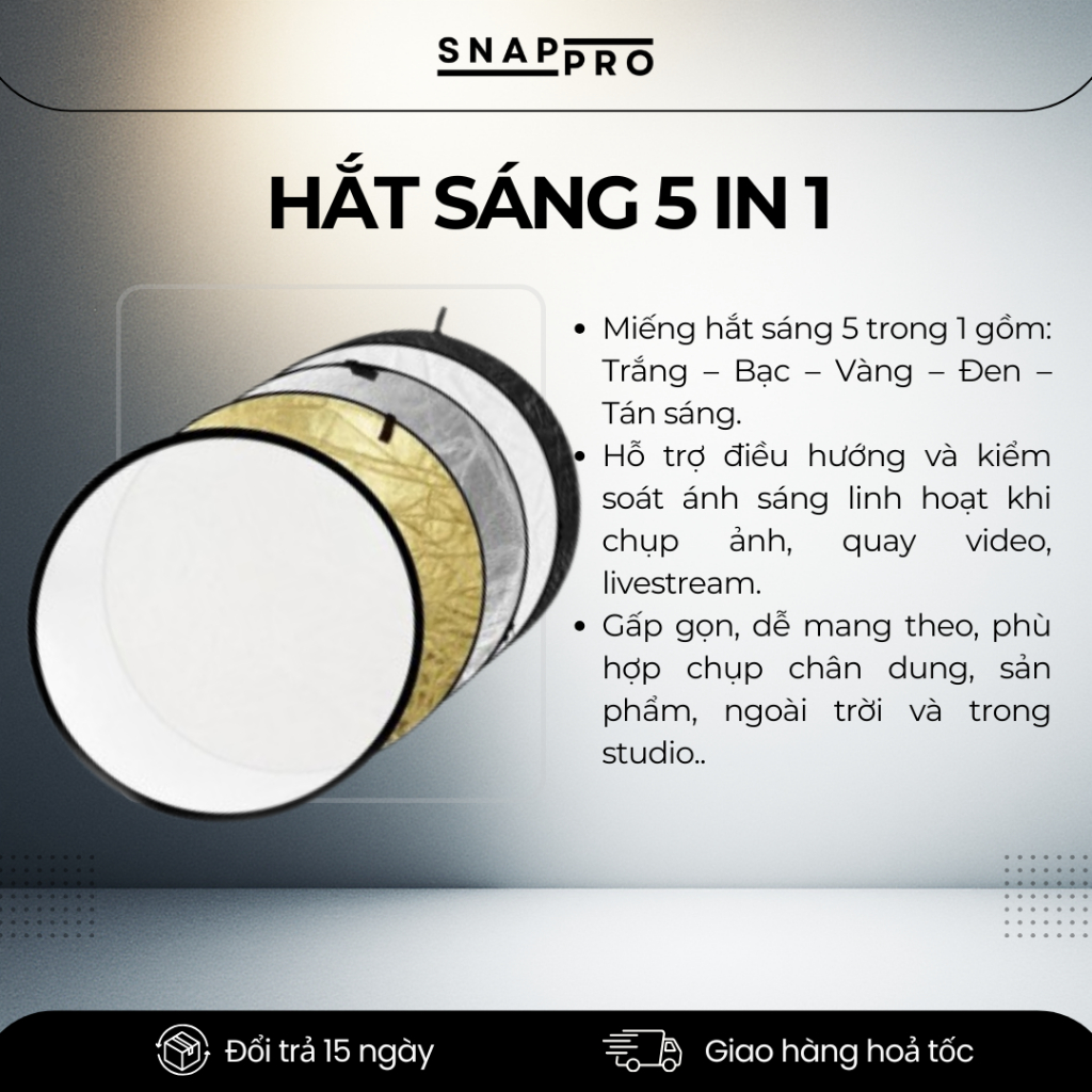 Hắt Sáng 5 Trong 1 110cm – Tấm Tản Sáng Chụp Ảnh, Quay Phim Studio (Trắng/Bạc/Vàng/Đen/Xuyên Sáng)