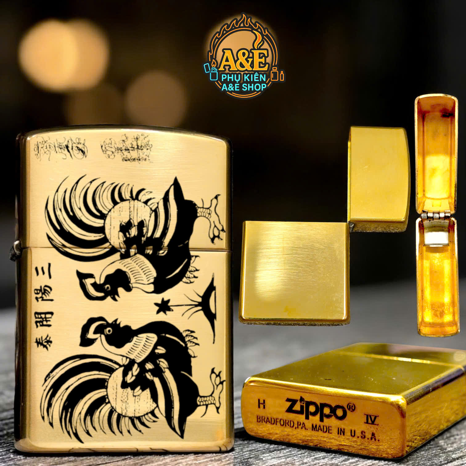 Vỏ Case Zippo Đồng Nguyên Khối Mẫu Gà Đông Hồ Uyên Ương, Quà Tặng Tình Yêu