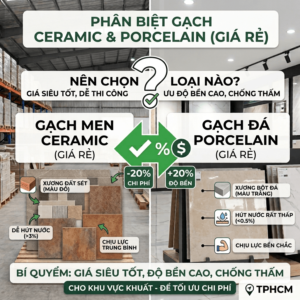 Phân Biệt Gạch Men Ceramic Và Gạch Đá Porcelain Trong Phân Khúc Giá Rẻ: Nên Chọn Loại Nào?