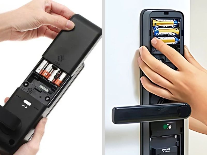 Tháo nắp lưng mặt sau khóa cửa vân tay để thay pin Alkaline mới