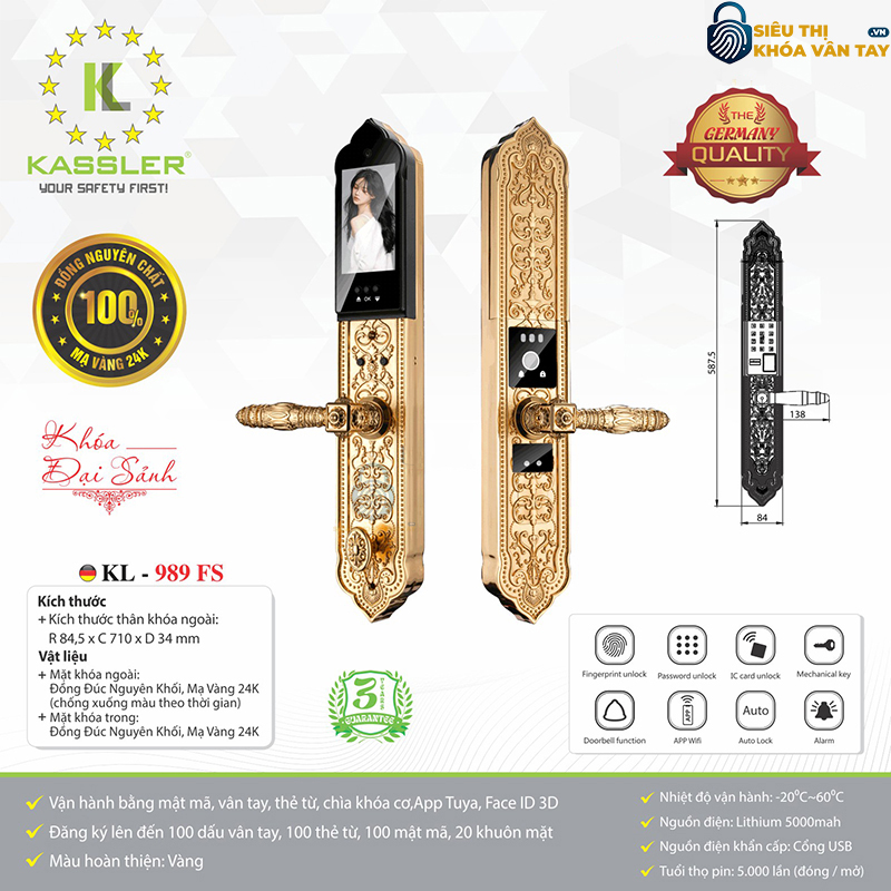 Khóa vân tay đại sảnh Kassler KL-989FS là dòng khóa cao cấp, chuyên dụng cho cửa chính biệt thự, villa hoặc khách sạn