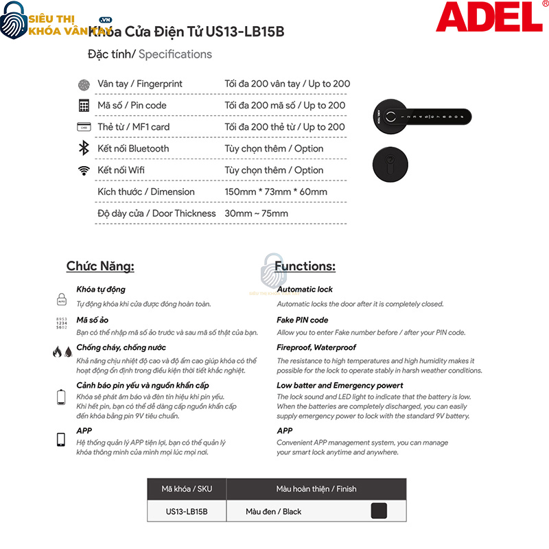 Khoá vân tay cửa phòng  Adel US13 - LB15B