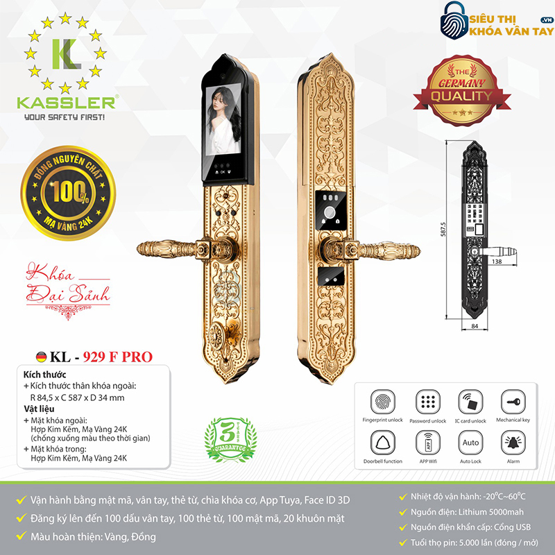 Khóa vân tay Kassler đại sảnh KL-929F Pro là dòng khóa cao cấp dành cho cửa chính biệt thự, villa, khách sạn