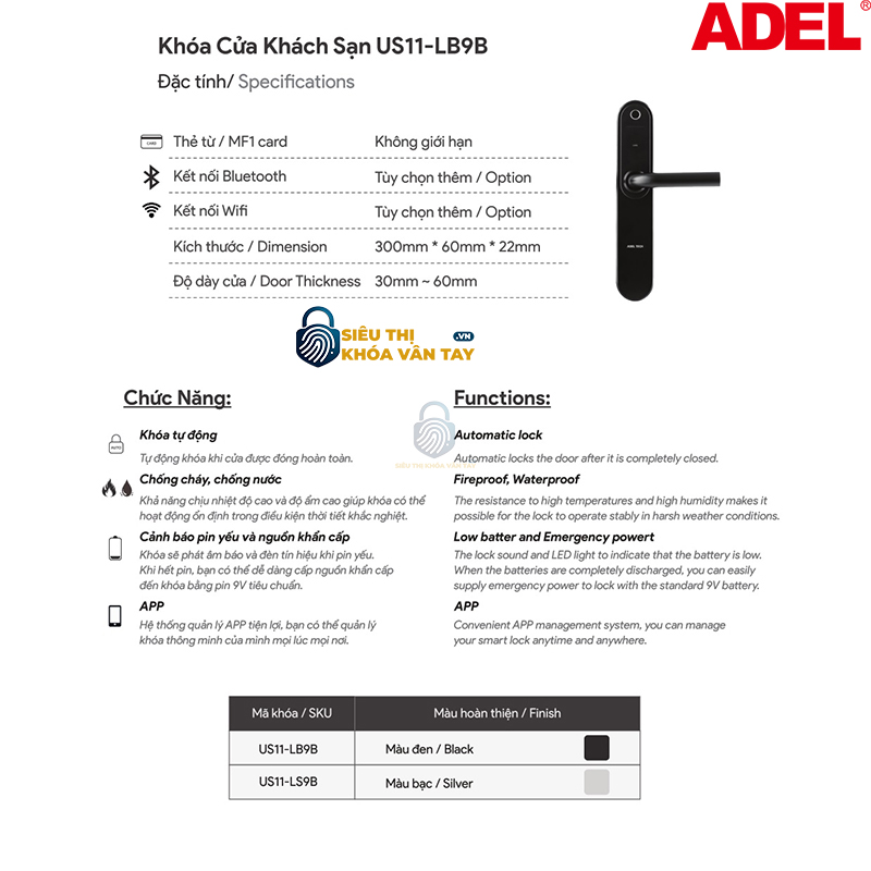 Khóa vân tay Adel khách sạn US11-LB9B/LS9B là giải pháp thông minh cho hệ thống quản lý ra vào phòng khách sạn hiện đại