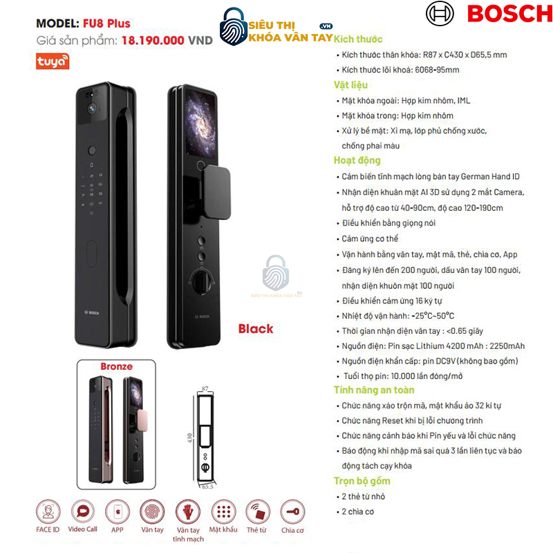 Khóa vân tay cửa gỗ Bosch.FU8 Plus