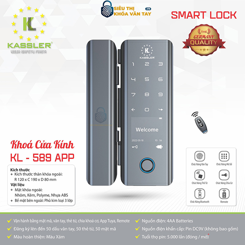 Khóa vân tay cửa kính Kassler KL-589 App