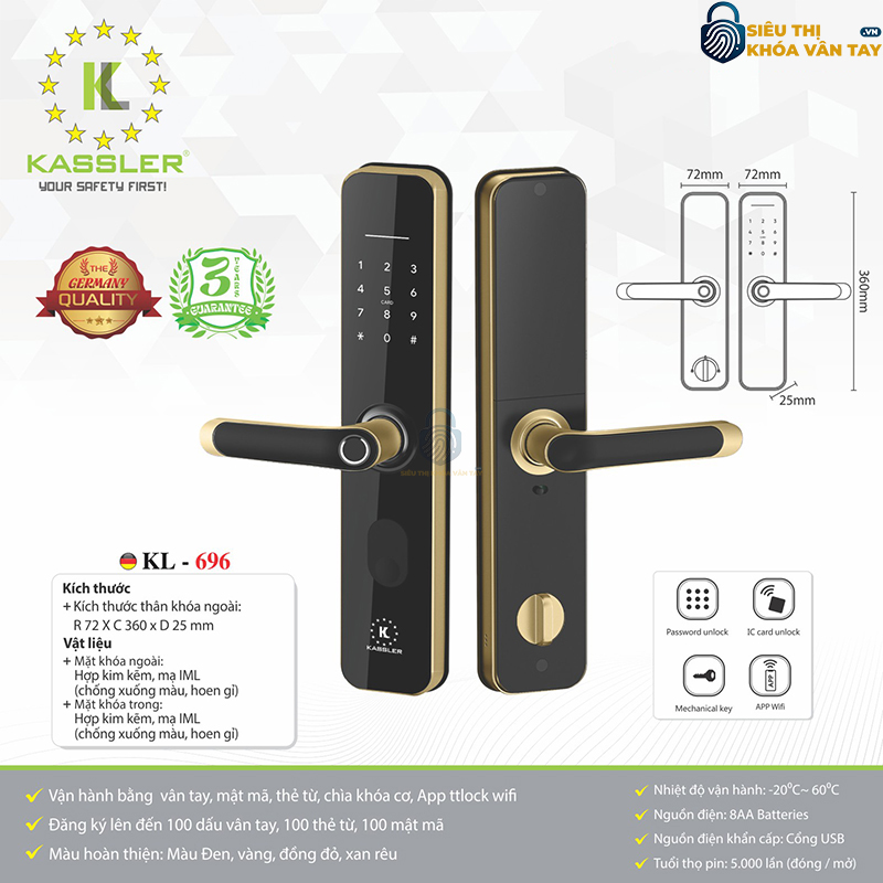 Khóa vân tay Kassler KL-696 cho cửa gỗ là giải pháp an toàn và hiện đại cho mọi gia đình