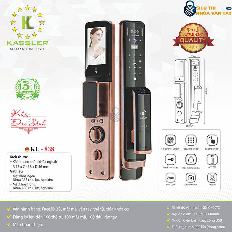 Khóa vân tay Kassler cửa gỗ KL-838 có thiết kế nhỏ gọn, tinh tế, phù hợp với nhiều không gian nội thất