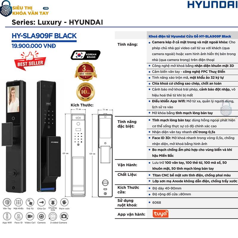 Khóa điện tử Hyundai HY-SLA909F màu đen sang trọng