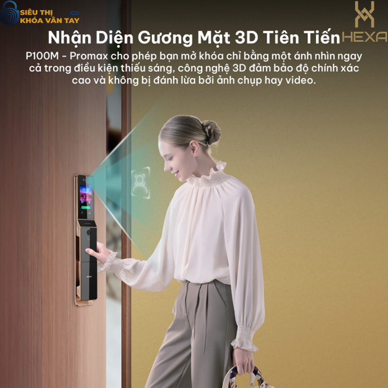 Khóa vân tay cửa gỗ Hexa P100M Pro max Face Id Màn hình 2 mặt