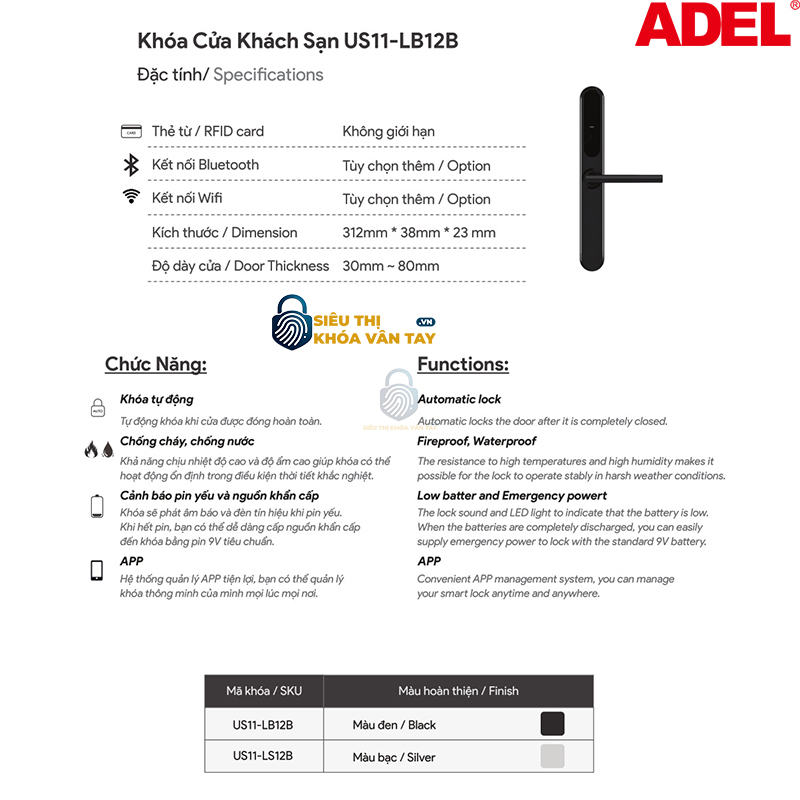 Khóa vân tay Adel khách sạn US11-LB12B/LS12B là dòng khóa điện tử cao cấp, lý tưởng cho hệ thống quản lý phòng khách sạn hiện đại