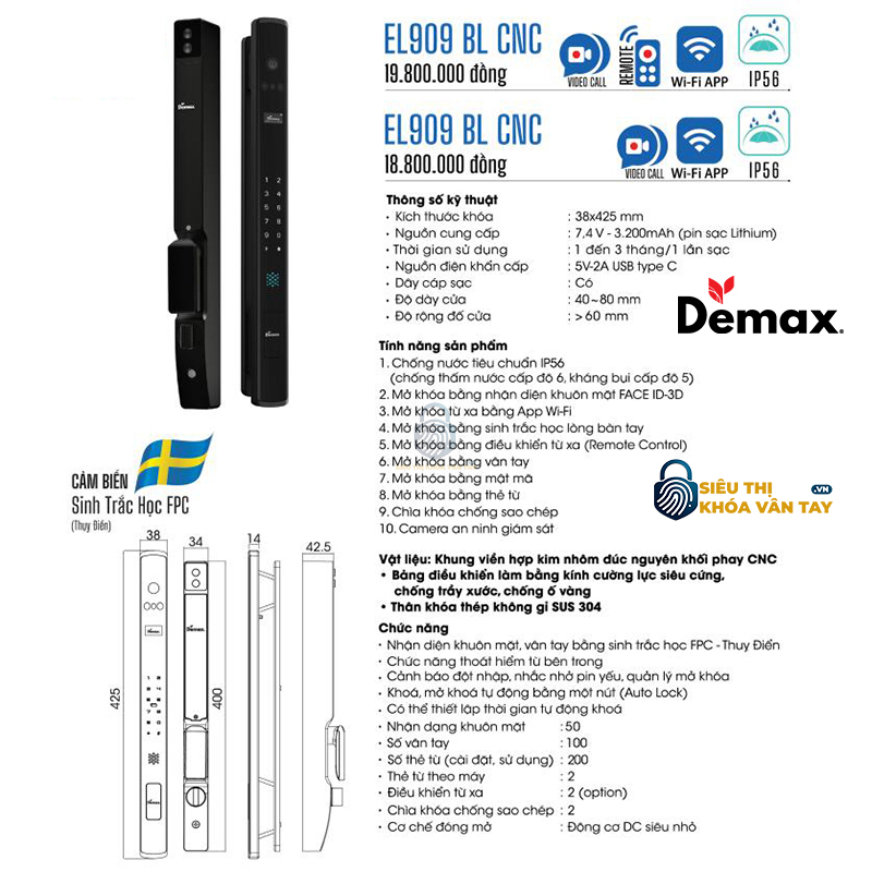 Khoá Vân Tay Cửa Nhôm Demax EL909