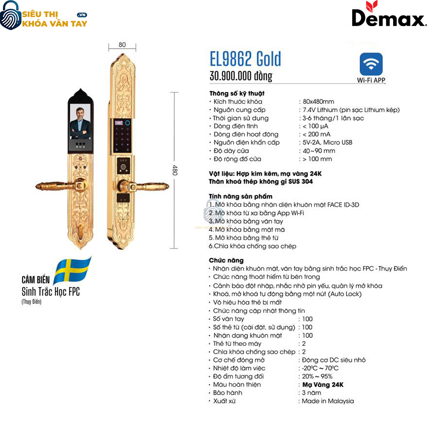 Khoá vân tay đại sảnh Demax EL9862 là dòng khoá thông minh cao cấp, thiết kế bề thế, đẳng cấp dành cho cửa chính biệt thự