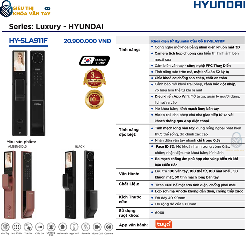Khóa điện tử Hyundai HY-SLA911F tích hợp vân tay và mã số