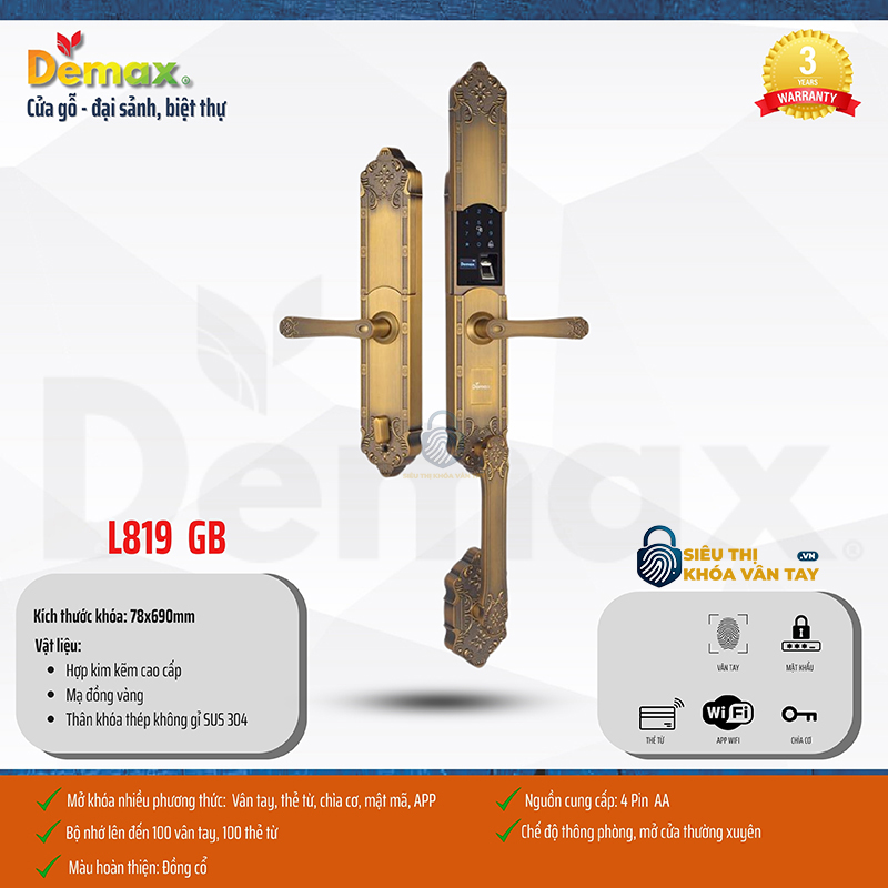 Khoá vân tay đại sảnh Demax EL819 sở hữu thiết kế sang trọng, phù hợp với biệt thự và nhà cao cấp
