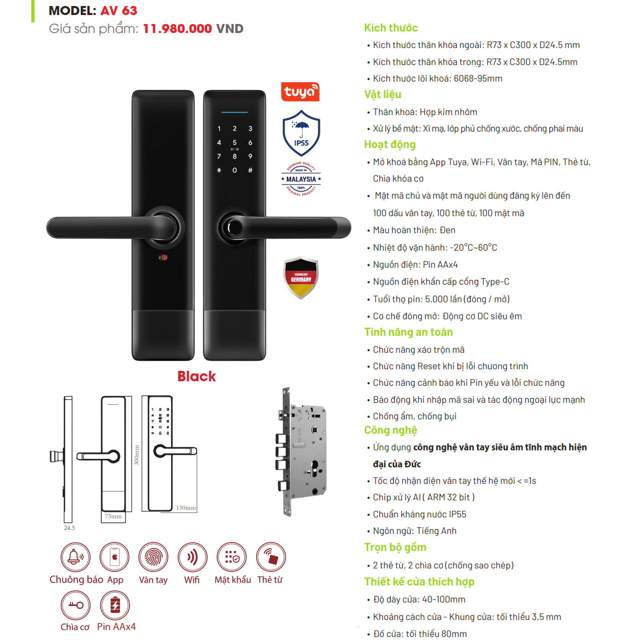 Khóa cửa vân tay Avolock AV 63 có thiết kế tinh tế, dễ dàng sử dụng và lắp đặt