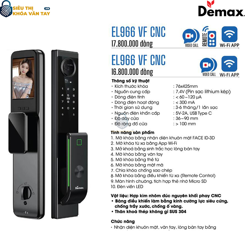 Khóa vân tay cửa gỗ Demax EL966 VF CNC là giải pháp an ninh thông minh cho ngôi nhà hiện đại