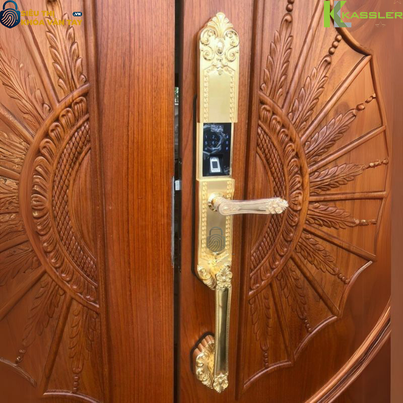 Thiết kế tay cầm bản lớn với màu Gold sang trọng, phù hợp với cửa gỗ đại sảnh 2 cánh, cửa thông tầng hoặc cửa chính biệt thự