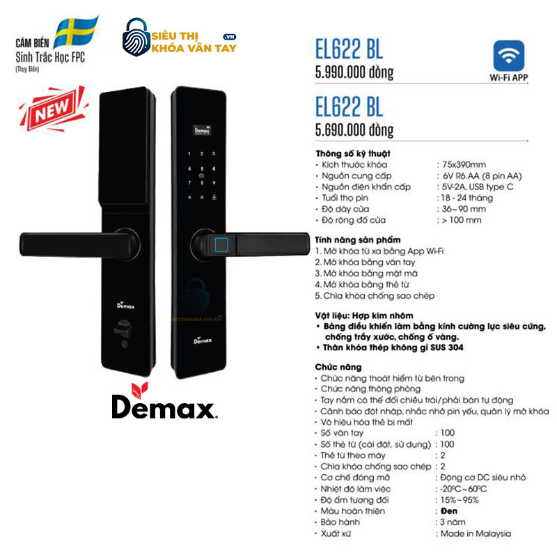 Khóa vân tay cửa gỗ Demax EL622 BL là dòng khóa thông minh có thiết kế nhỏ gọn, hiện đại và dễ lắp đặt