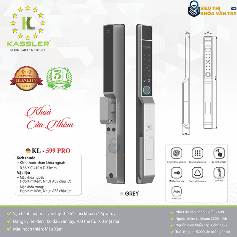 Khóa vân tay Kassler cửa nhôm KL-599 PRO MÀU XÁM