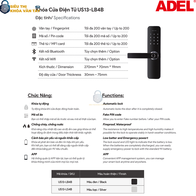 Khoá vân tay cửa gỗ Adel US13 - L4B/LS4B