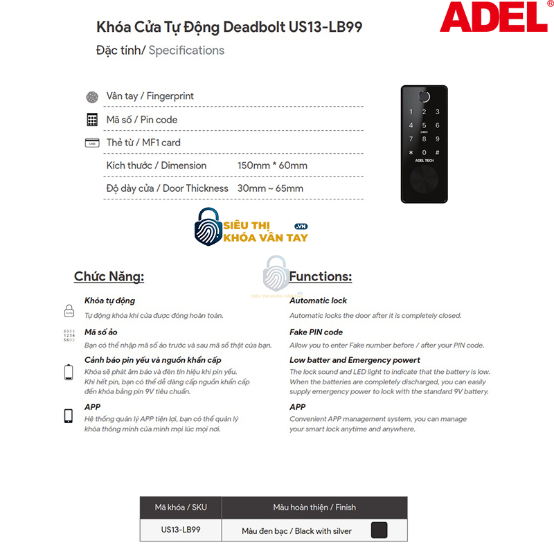 Khóa cửa tự động Adel US13-LB99 là dòng khóa thông minh cao cấp, kết hợp hoàn hảo giữa công nghệ hiện đại và thiết kế tinh tế