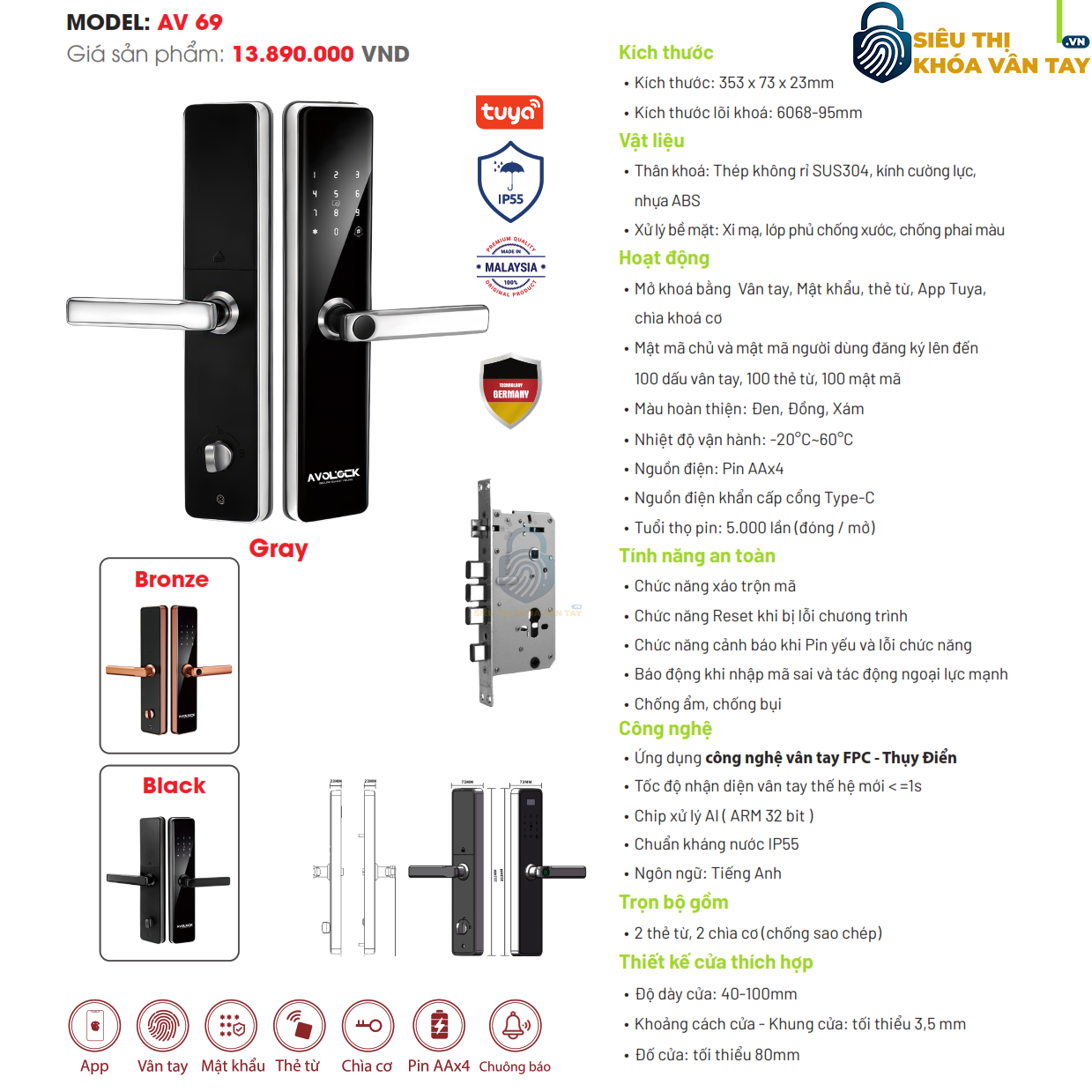 Khóa vân tay Avolock cửa gỗ AV 69 được đánh giá cao về độ bền và tính năng thông minh