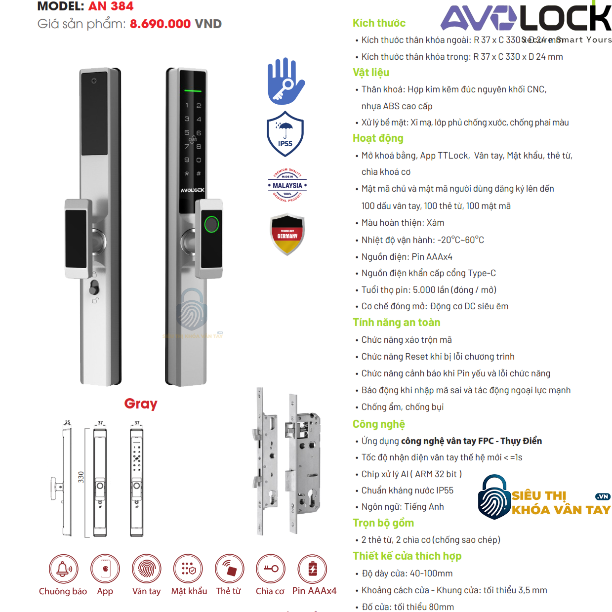 Sản phẩm Avolock AN 384 được thiết kế nhỏ gọn, sang trọng, phù hợp với cửa nhôm cao cấp