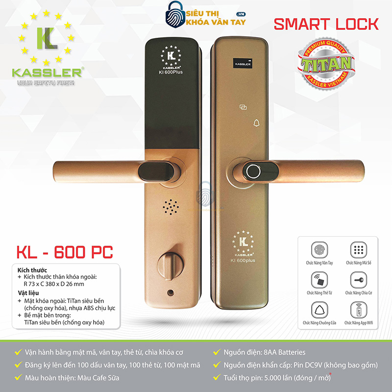 Thiết kế sang trọng, chất liệu bền bỉ giúp khóa Kassler KL - 600 PC phù hợp với nhiều loại cửa gỗ cao cấp