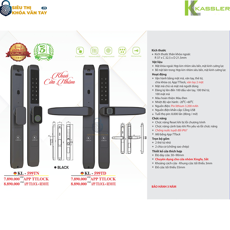 Khóa vân tay Kassler cửa nhôm KL - 599TN BLACK là giải pháp an toàn và hiện đại cho mọi ngôi nhà