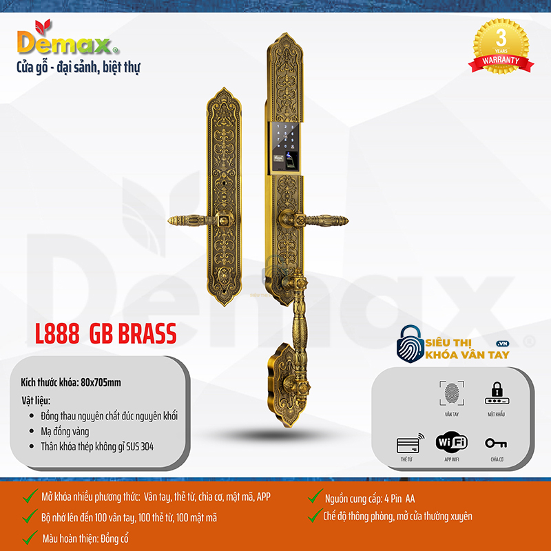 Demax EL888 BRASS mang phong cách cổ điển châu Âu, phù hợp với biệt thự, villa và không gian kiến trúc tân cổ điển