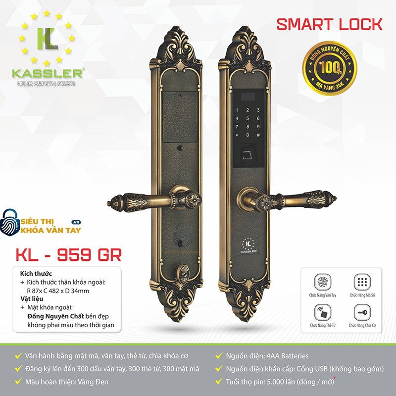 Khóa vân tay Kassler đại sảnh KL-959GR là mẫu khóa cao cấp chuyên dành cho cửa chính biệt thự, villa, khách sạn